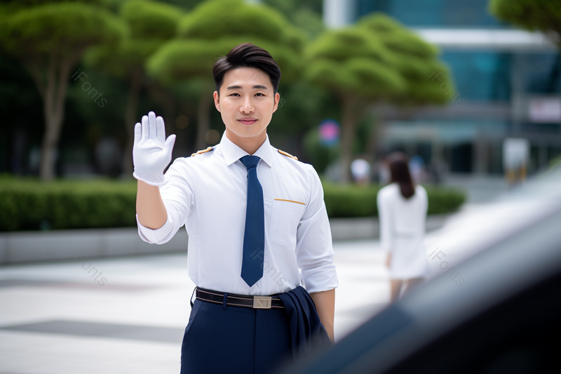 亚洲男性帅气年轻物业管理引导车辆进出摄影背景,高清,摄影图,摄影图片,图片大全,摄影图免费下载